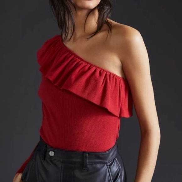 By Anthropologie red one shoulder long sleeve ribbed red ruffle top XL - Picture 1 of 7